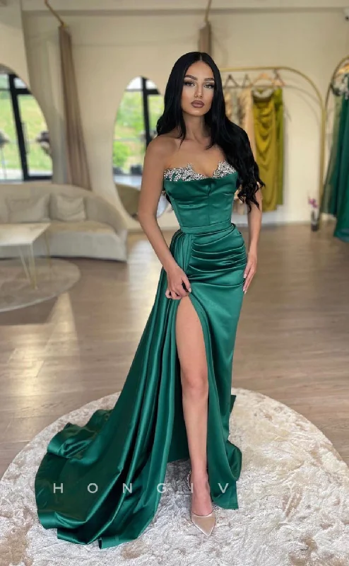 Embroidered bodice chic maxi dress-L1034 - Crystal Beaded Strapless Ruched With Train And Slit Evening  Prom Formal Prom Party Dress