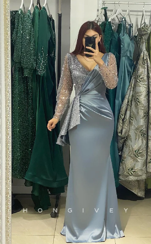 Cotton fabric casual maxi dress-L1046 - Sparkly Beaded Embellished Long Sleeve With Train Party Formal Evening Prom Dress