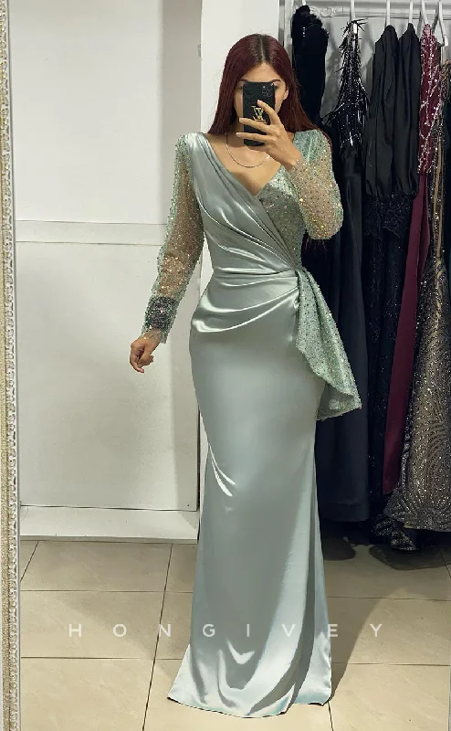 Colorblock maxi dress design-L1047 - Sparkly Sequined Beaded Embellished Long Sleeve With Train Party Formal Evening Prom Dress