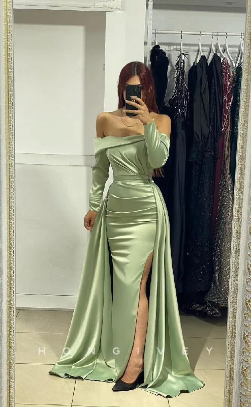 Casual t-shirt summer maxi dress-L1048 - Simple Off-Shoudler Long Sleeve With Train And Slit Party Formal Evening Prom Dress