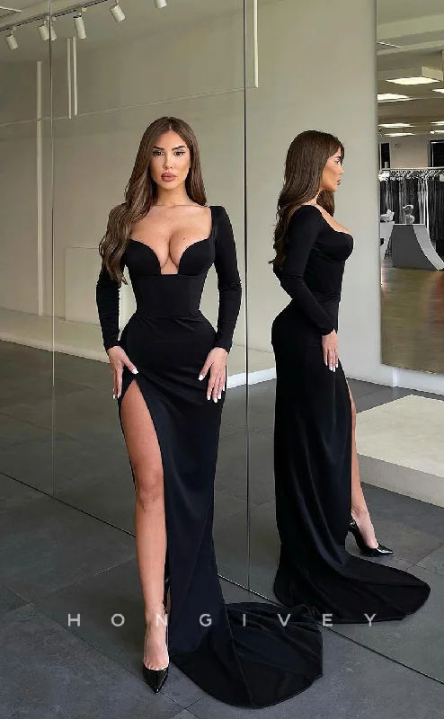 Cascading ruffle formal maxi dress-L1052 - Simple Sexy Long Sleeves With Train And Slit Party Prom Formal Evening Dress