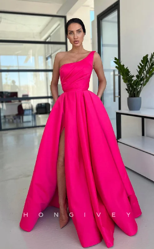 Cap sleeve summer maxi dress-L1054 - Simple One Shoulder With Train And Slit Formal Evening Party Prom Dress