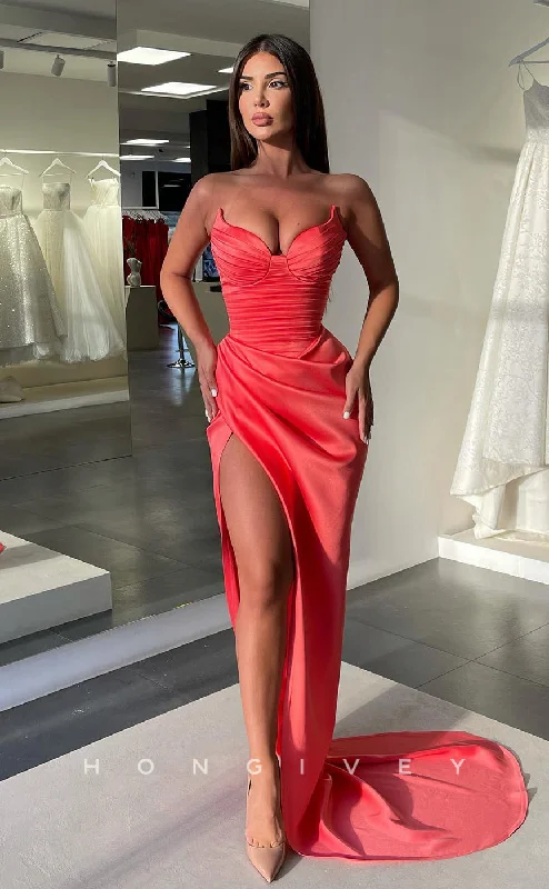 Braided strap casual maxi dress-L1057 - Simple Strapless Ruched With Train And Slit Evening Party Prom Formal Dress