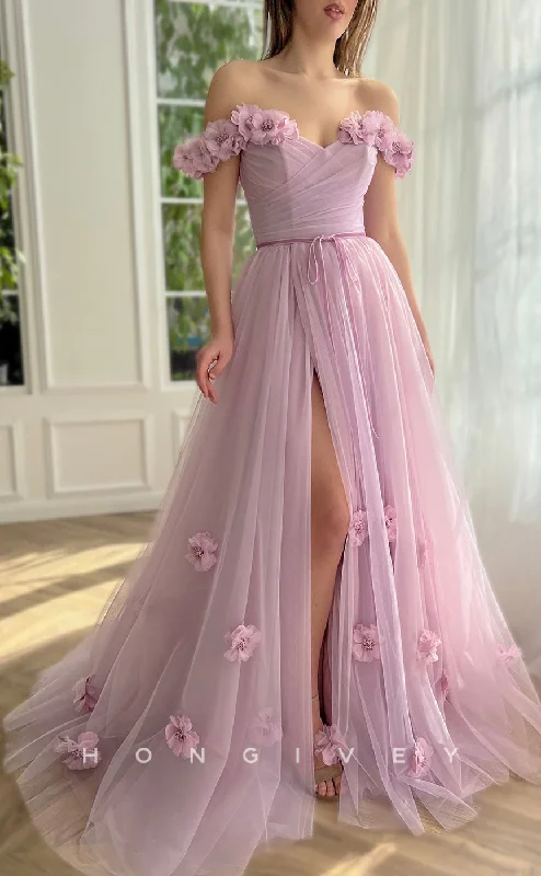 Bishop sleeve formal maxi dress-L1070 - Sweet Floral Embossed Lace-Up Back With Train And Slit Party Prom Evening Formal Dress