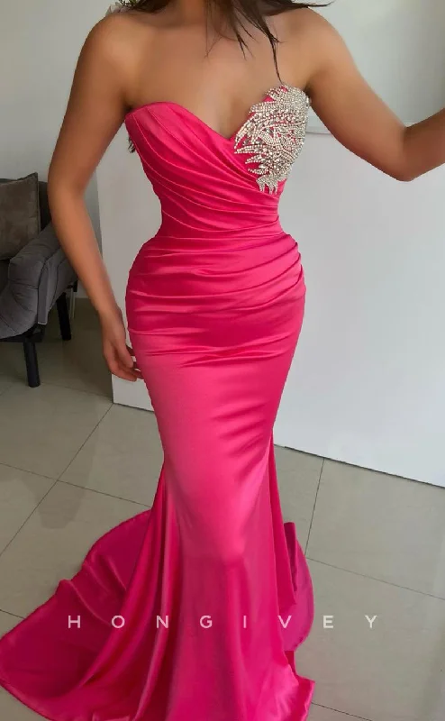 Voluminous skirt formal maxi dress-L1095 - Crystal Beaded Strapless Mermaid With Train Party Prom Evening Formal Dress