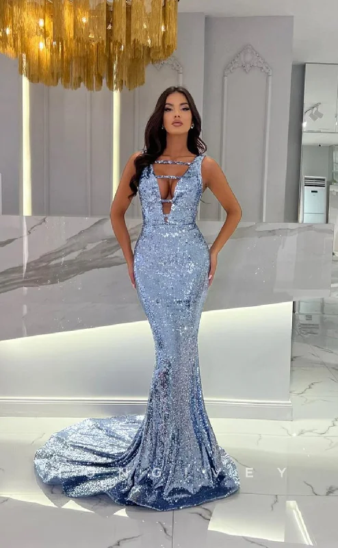 Trumpet sleeve maxi dress-L1101 - Fully Sequined Cutout Mermaid With Train Party Prom Evening Formal Dress