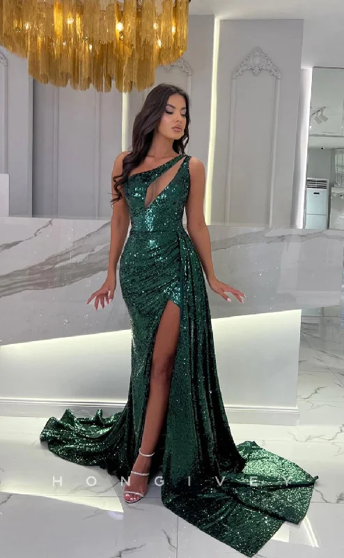 Spaghetti strap summer maxi dress-L1108 - Sparkly Fully Sequined Cutout With Train And Slit Evening Party Prom Formal Dress