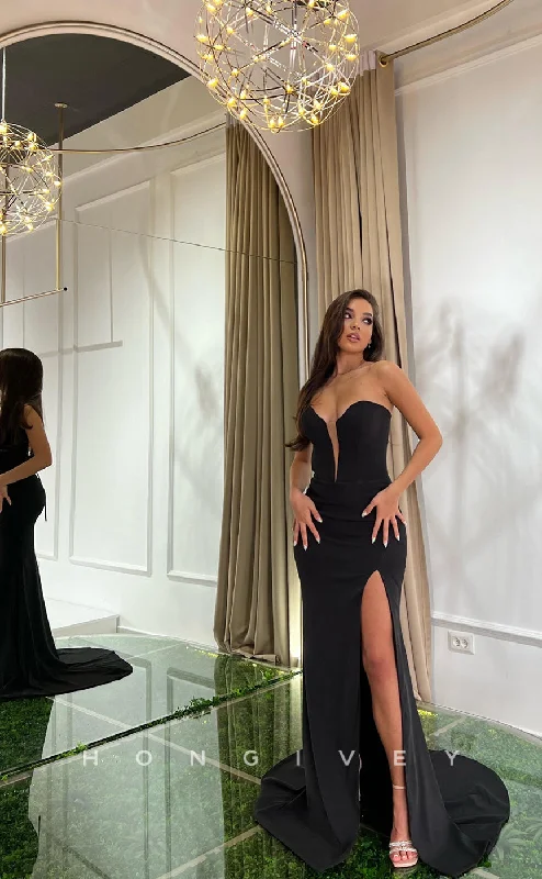 High split formal maxi dress-L1147 - Simple Strapless Plunging Illusion With Train And Slit Evening Formal Party Prom Dress