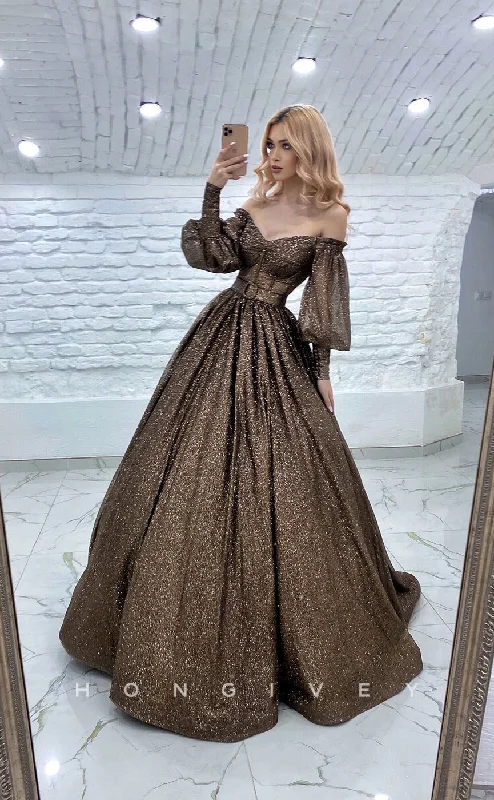 Dolman sleeve formal maxi dress-L1170 - Sparkly Long Sleeves Belt Illusion With Train Party Prom Evening Formal Dress