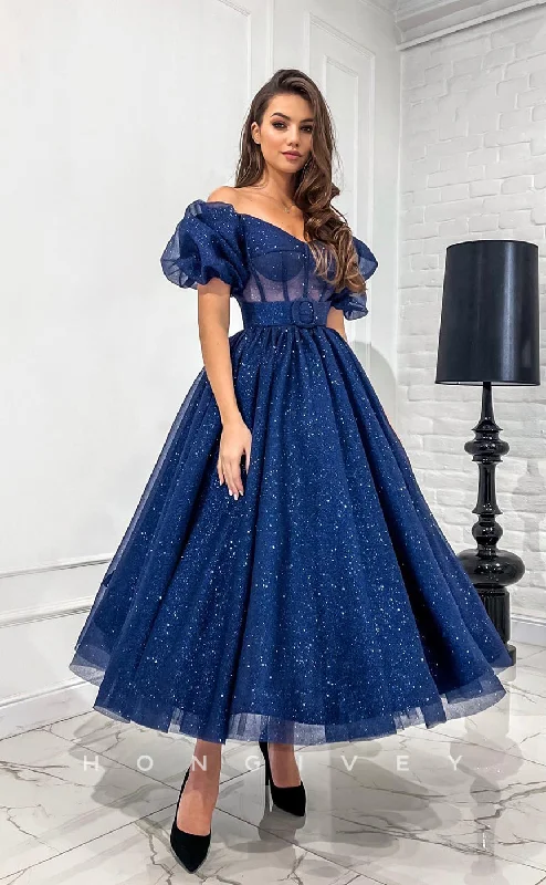 Denim fabric casual maxi dress-L1171 - Sparkly Puff Sleeves Belt Illusion Princess Party Prom Evening Formal Dress