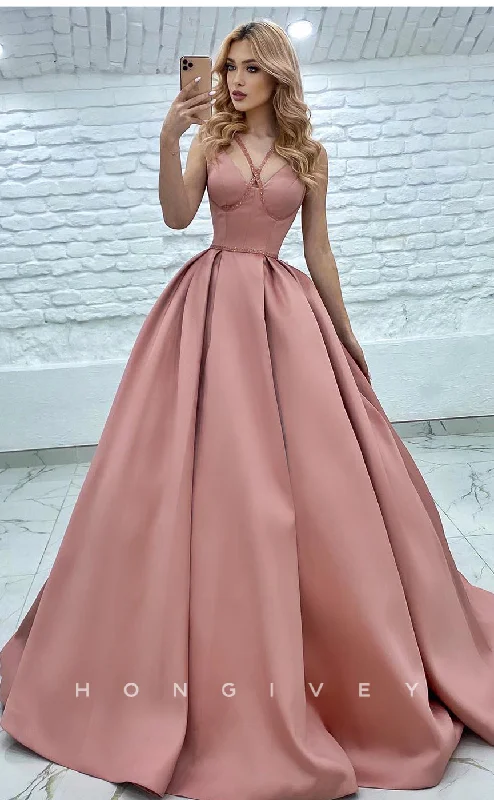 Casual beach maxi dress-L1173 - Sweet Lace-Up Ruched With Train Princess Evening Formal Party Prom Dress