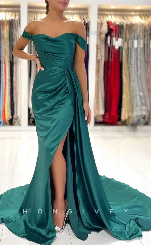 Black formal maxi dress-L1183 - Simple Ruched With Train And Slit Evening Formal Party Prom Dress