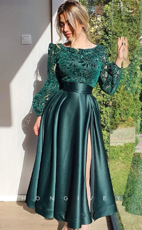 Split sleeve elegant maxi dress-L1214 - Lace Embroidered Cutout With Slit Prom Formal Evening Party Dress