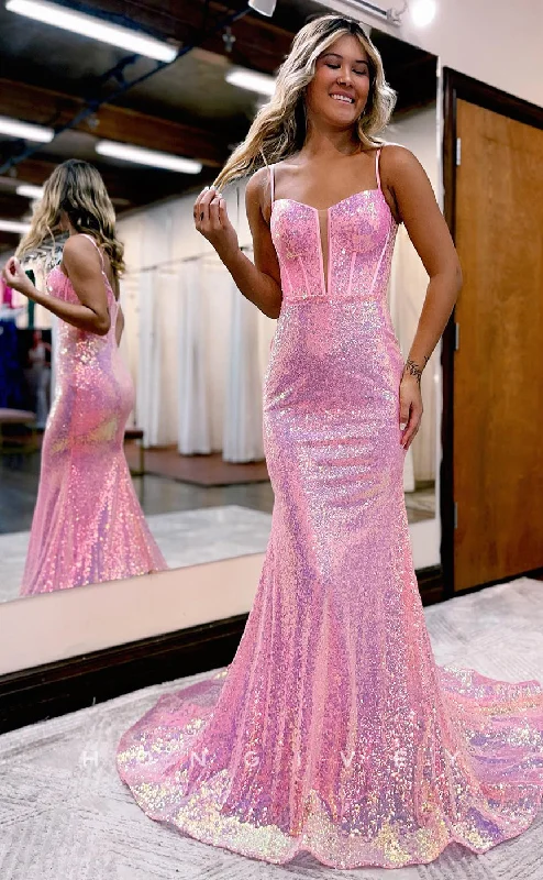 Side zipper boho maxi dress-L1219 - Sparkly Fully Sequined Plunging Illusion With Train Prom Party Formal Evening Dress