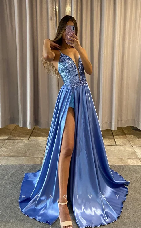 Metallic finish maxi dress-L1232 - Sequined Plunging Illusion Two Piece Overskirt With Train And Slit Formal Evening Prom Party Dress