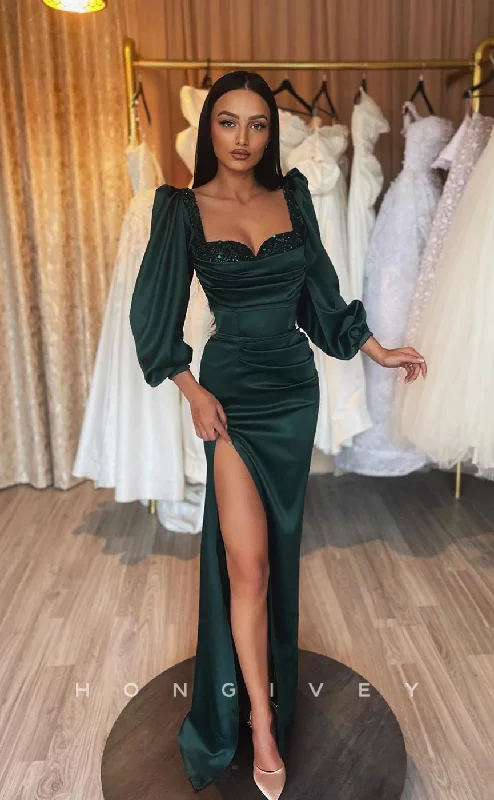 High-low hem maxi dress-L1238 - Sequined Embellished Long Sleeves With Train And Slit Evening Party Formal Prom Dress