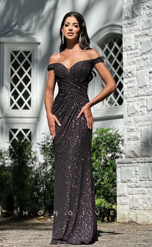 Statement sleeve beach maxi dress-L1279 - Sparkly Plunging Illusion Ruched With Train Party Evening Prom Formal Dress