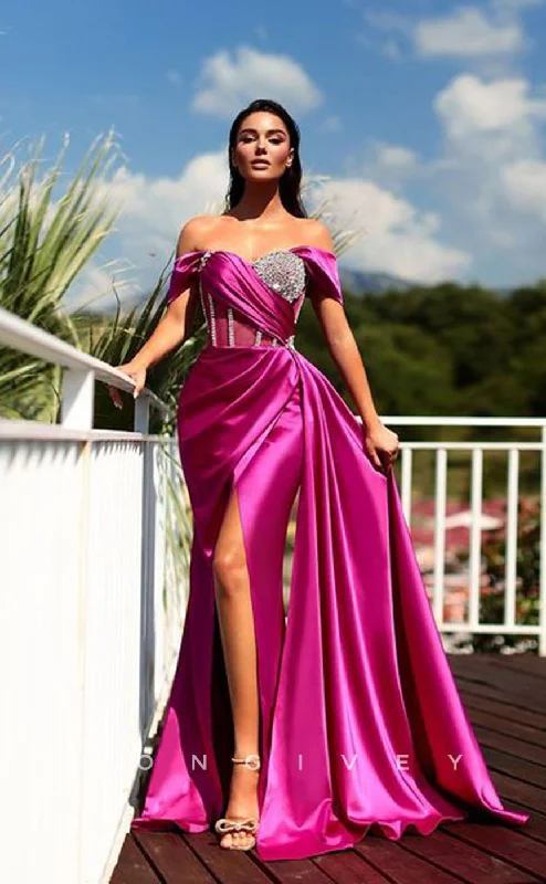 Nautical theme beach maxi dress-L1295 - Crystal Beaded Ruched With Train And Slit Evening Formal Party Prom Dress