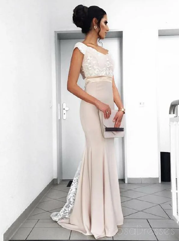 Cap sleeve summer maxi dress-Dusty Champagne Mermaid Cap Sleeves Long Evening Prom Dresses, Cheap Sweet 16 Dresses, 18336