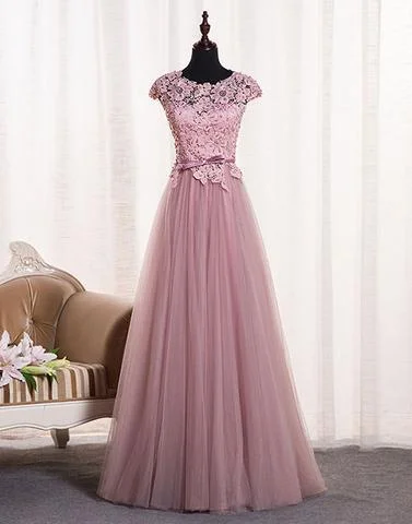 Layered tulle formal maxi dress-Dusty Pink Open Back Cap Sleeve Custom Long Evening Prom Dresses, 17722