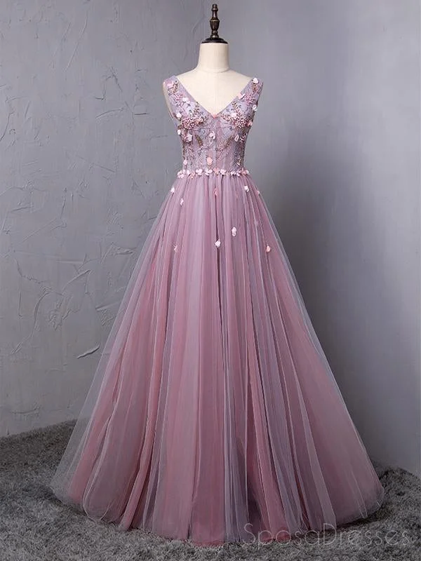 Nautical theme beach maxi dress-Dusty Purple V Neck A-line Tulle Long Evening Prom Dresses, 17615