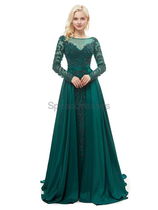 Side pocket beach maxi dress-Emerald Green Long Sleeves Heavily Beaded Evening Prom Dresses, Evening Party Prom Dresses, 12051