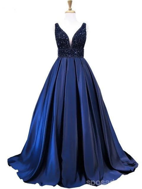 Retro style elegant maxi dress-Fashion V Neck Backless Navy A line Beaded Long Custom Evening Prom Dresses, 17403