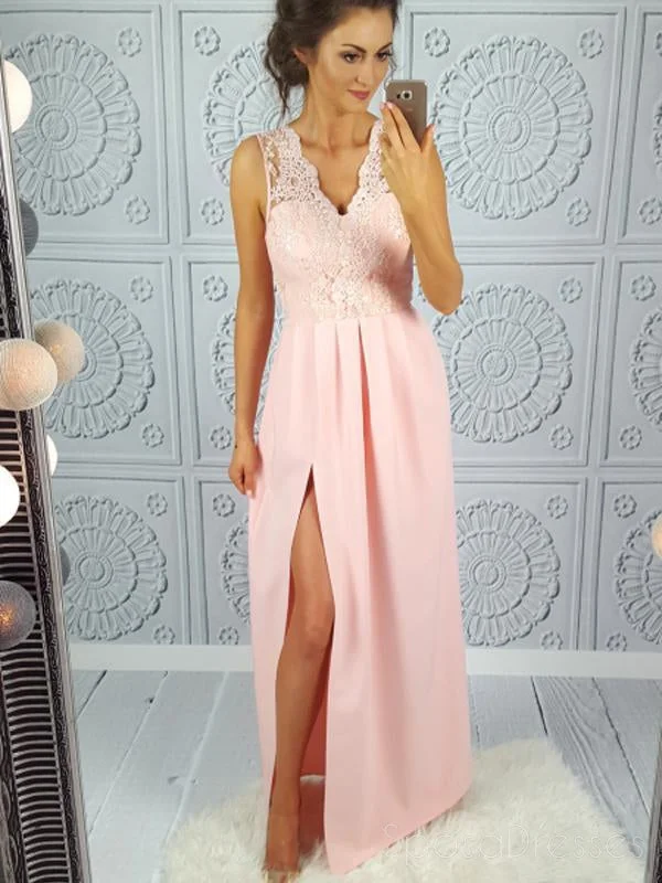 Backless summer maxi dress-Formal Pink V Neck Lace Side Slit Long Evening Prom Dresses, 17673