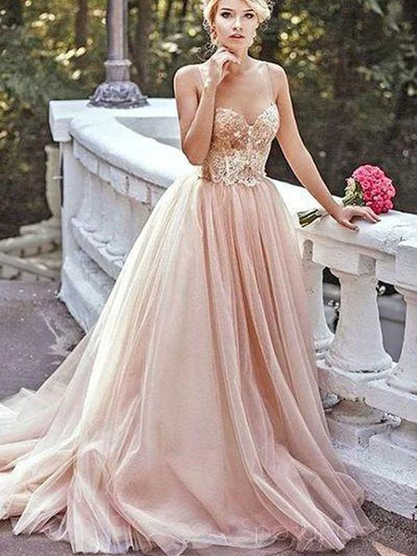 Side slit summer maxi dress-Gold Sequin A line Evening Prom Dresses, Long Tulle Party Prom Dresses, 17051