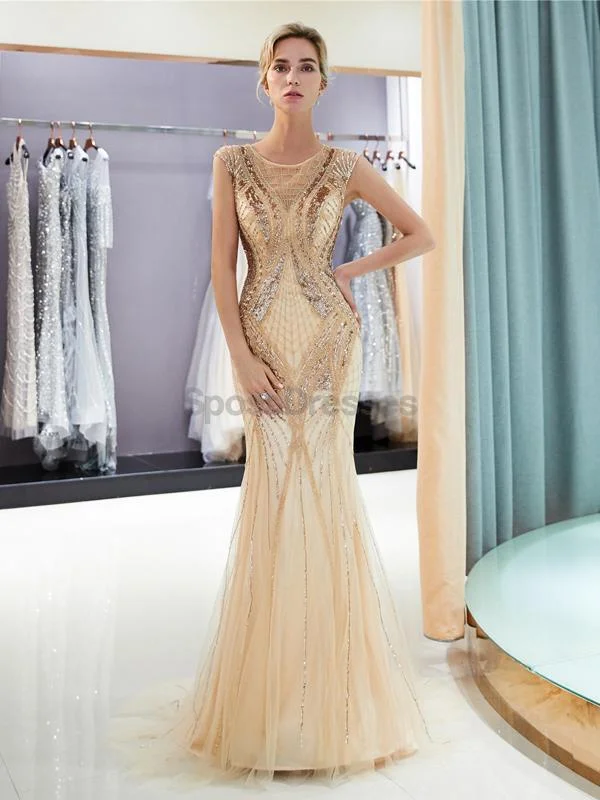 Voluminous skirt formal maxi dress-Gold Rhinestone Jewel Heavily Beaded Mermaid Evening Prom Dresses, Evening Party Prom Dresses, 12040