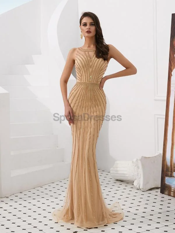 Braided strap casual maxi dress-Gold Jewel Heavily Beaded Mermaid Evening Prom Dresses, Evening Party Prom Dresses, 12078