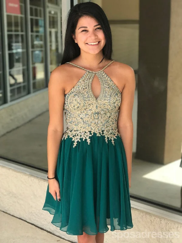 Lace detail maxi dress-Green Gold Lace Halter Cheap Homecoming Dresses Online, Cheap Short Prom Dresses, CM736