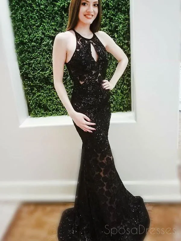 Ruched side beach maxi dress-Halter  Black Lace Mermaid Custom Long Evening Prom Dresses, 17714