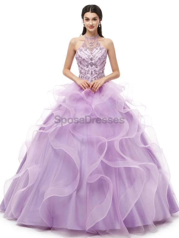 Side drawstring summer maxi dress-Halter Lilac Heavy Beaded Quinceanera Dresses, Evening Party Prom Dresses, 12101