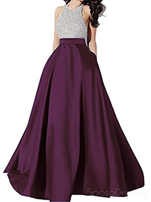 Adjustable waist summer maxi dress-Halter Rhinestone Beaded Purple A-line Long Evening Prom Dresses, 17678