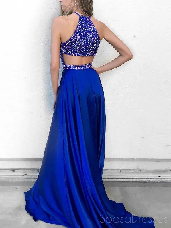 Crochet overlay casual maxi dress-Halter Royal Blue Rhinestone A-line Long Evening Prom Dresses, 17546