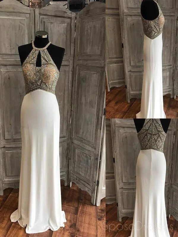 Handkerchief hem boho maxi dress-Halter See Through Delicately Beaded White Long Evening Prom Dresses, Popular Cheap Long Custom Party Prom Dresses, 17320