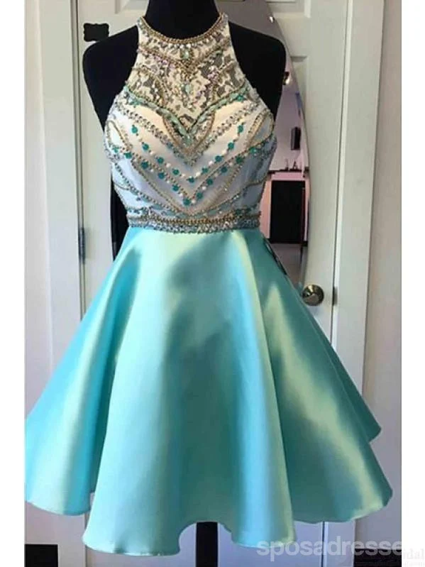 Frilly neckline elegant maxi dress-Heavily Beaded Green Halter Short Homecoming Prom Dresses, AffordableSweet 16 Dresses, CM3590