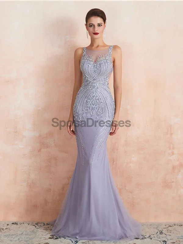 High neckline formal maxi dress-Heavily Beaded Lilac Mermaid Evening Prom Dresses, Evening Party Prom Dresses, 12110