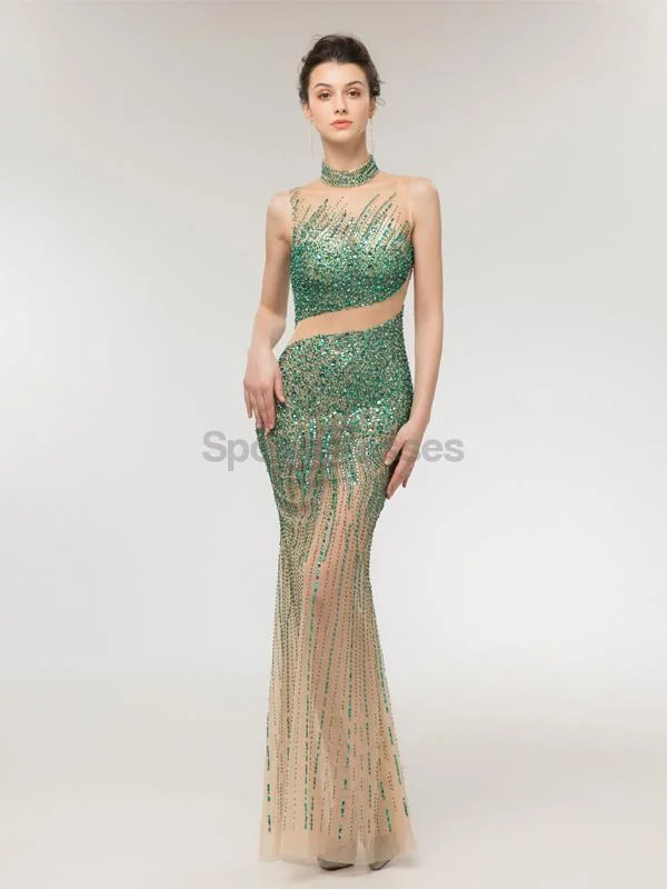 Tulip hem summer maxi dress-High Neck Heavily Beaded Mermaid Long Evening Prom Dresses, Evening Party Prom Dresses, 12007