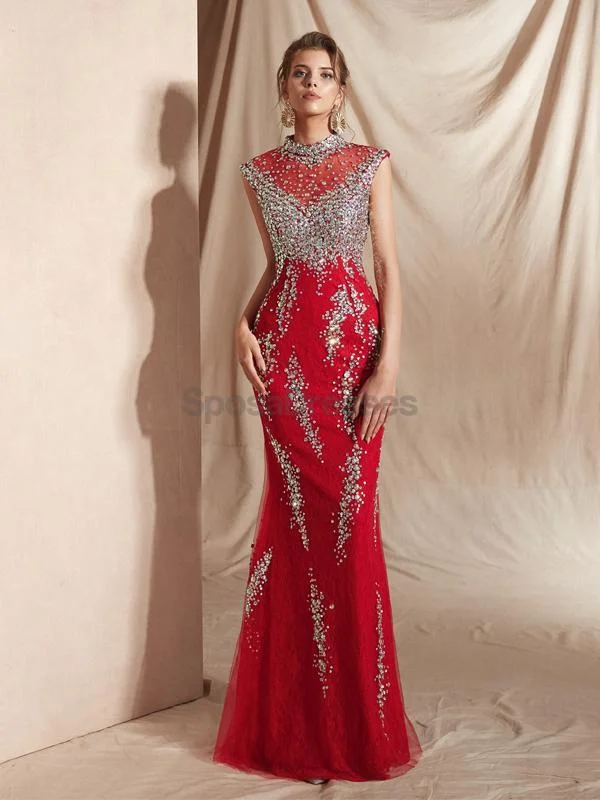 Denim fabric casual maxi dress-High Neck Red Heavily Beaded Mermaid Evening Prom Dresses, Evening Party Prom Dresses, 12071