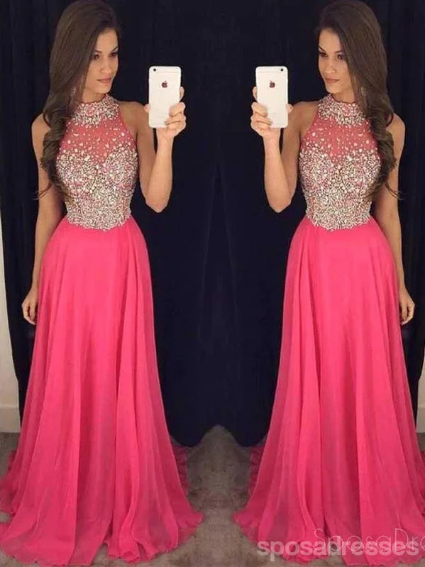 Tie-dye casual maxi dress-Hot Pink Halter Evening Prom Dresses, 2017 Long Beaded Prom Dress, Custom Long Prom Dress, Cheap Party Prom Dress, Formal Prom Dress, 17037