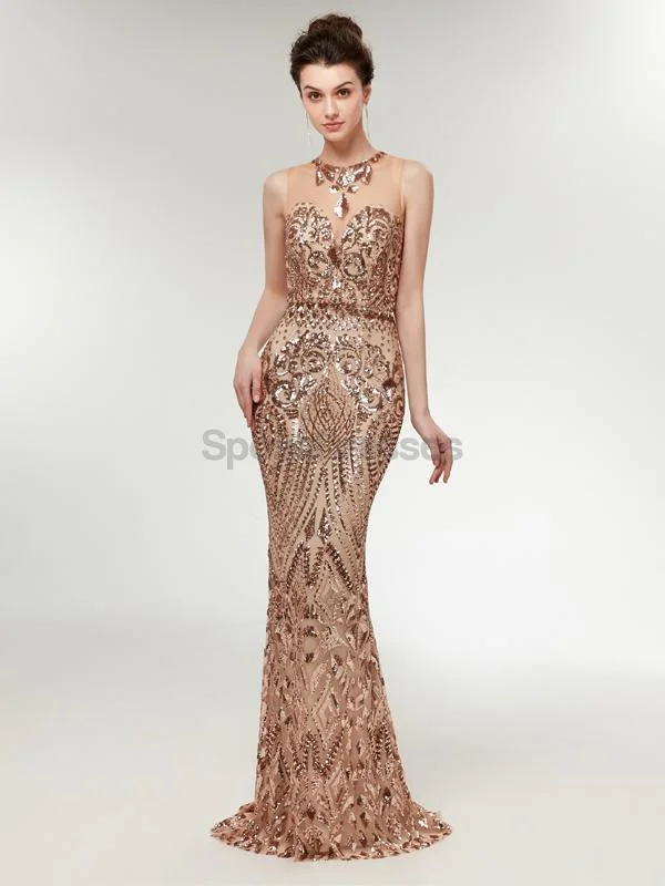 Smocked bodice boho maxi dress-Illusion Gold Sequin Sparkly Mermaid Long Evening Prom Dresses, Evening Party Prom Dresses, 12012