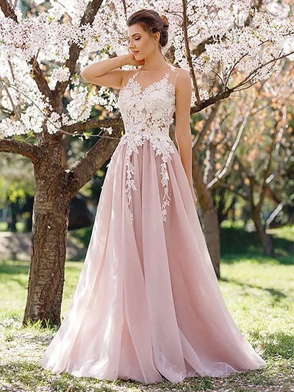 Intricate beading elegant maxi dress-Jewel Neck A-line Lace Applique Pink Evening Prom Dresses, Sweet 16 Dresses, 18303