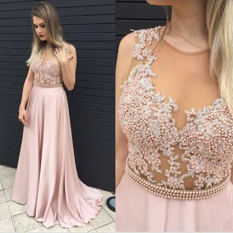 Trumpet sleeve maxi dress-Lace Blush Pink Evening Prom Dresses, 2017 Long Sexy See Through Party Prom Dress, Custom Long Prom Dress, Cheap Party Prom Dress, Formal Prom Dress, 17033