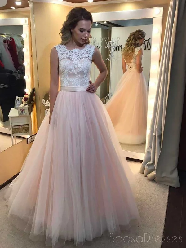 Cotton fabric casual maxi dress-Lace Pale Pink Tulle A line Evening Prom Dresses, Sweet 16 Prom Dresses, Custom Long Prom Dresses, Cheap Formal Prom Dresses, 17137