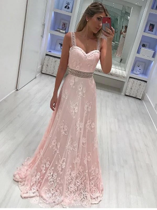 Peplum detail elegant maxi dress-Lace Straps Light Pink Lace Rhinestone Long Evening Prom Dresses, 17510