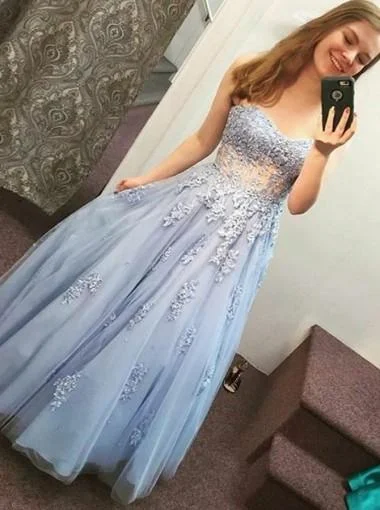 Sheer sleeve boho maxi dress-Light Blue See Through Blue Lace A-line Long Evening Prom Dresses, 17604