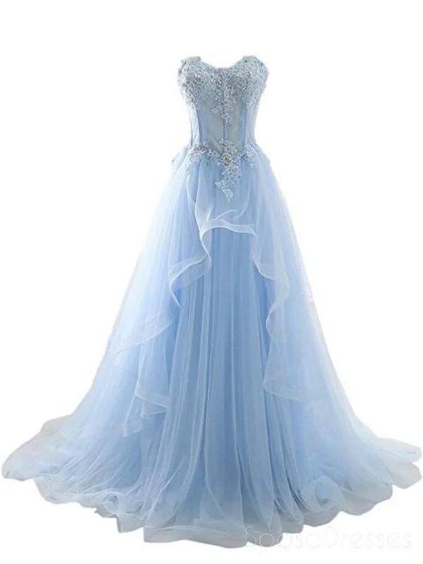 High-low hem maxi dress-Light Blue Sweetheart See Through Lace Tulle A line Long Evening Prom Dresses, 17524