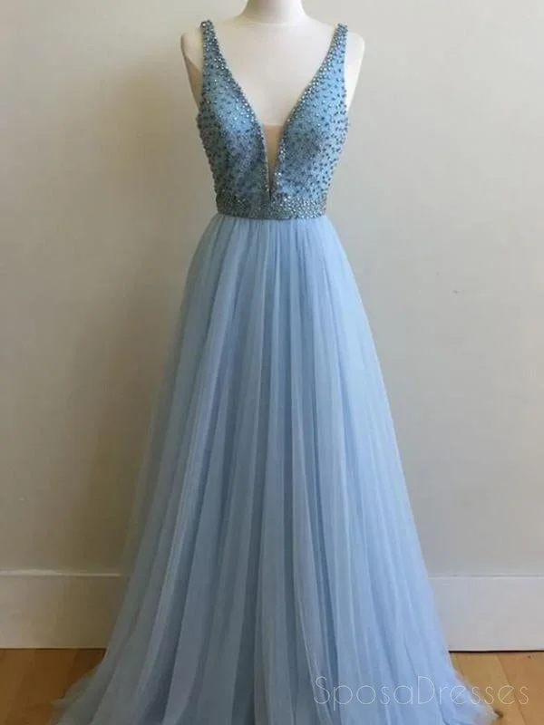 Embroidered bodice chic maxi dress-Light Blue V Neck Beaded A-line Long Evening Prom Dresses, 17642